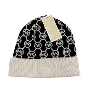 Michael Kors Hat MK Logo Black Cream & Gold Metallic Knit Winter Beanie NWT New
